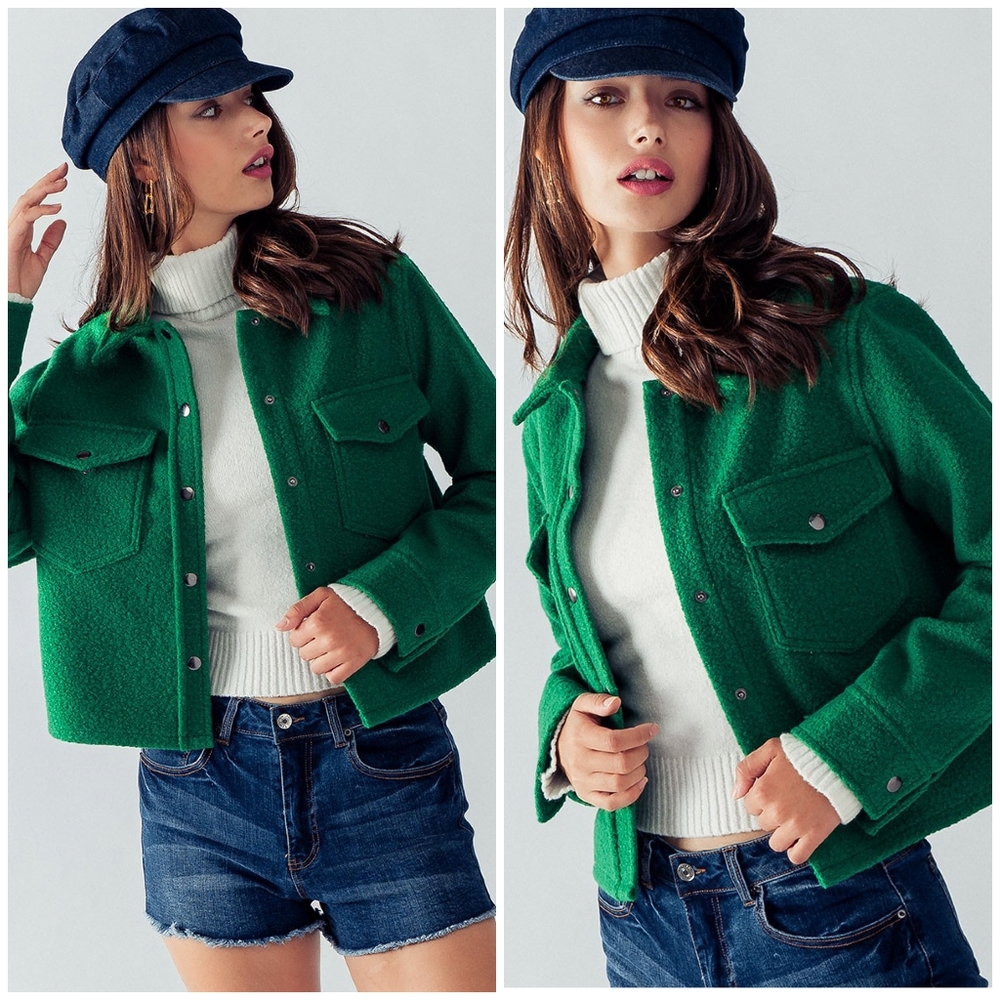 LAST ONE!! Green Curly Sherpa Cropped Shacket - Picture 7 of 7